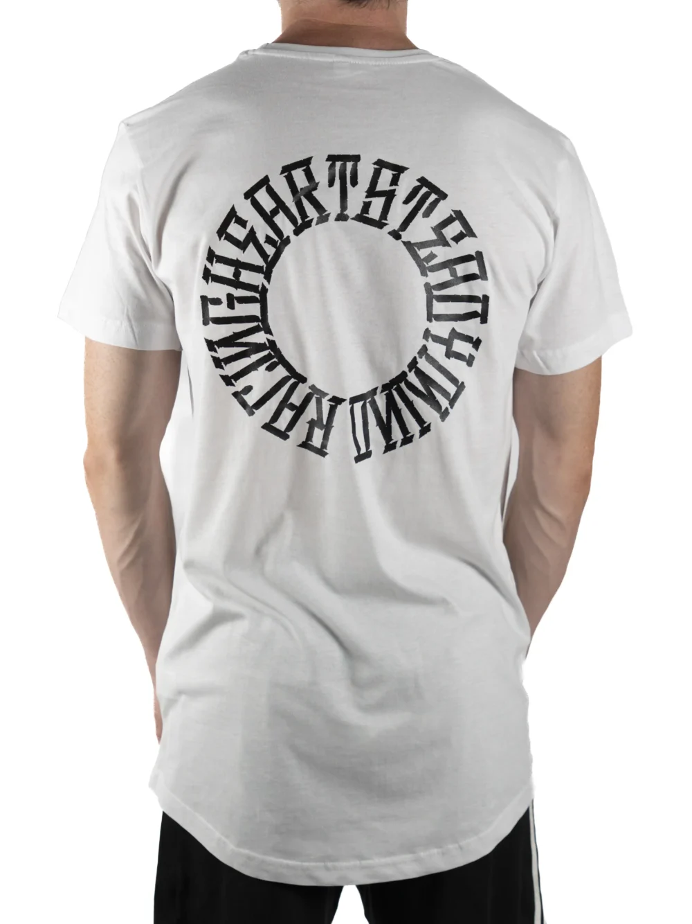 Back view of a model wearing the white RHSM Long Fit Tee V2, showing the "Racing Heart Steady Mind" graphic.