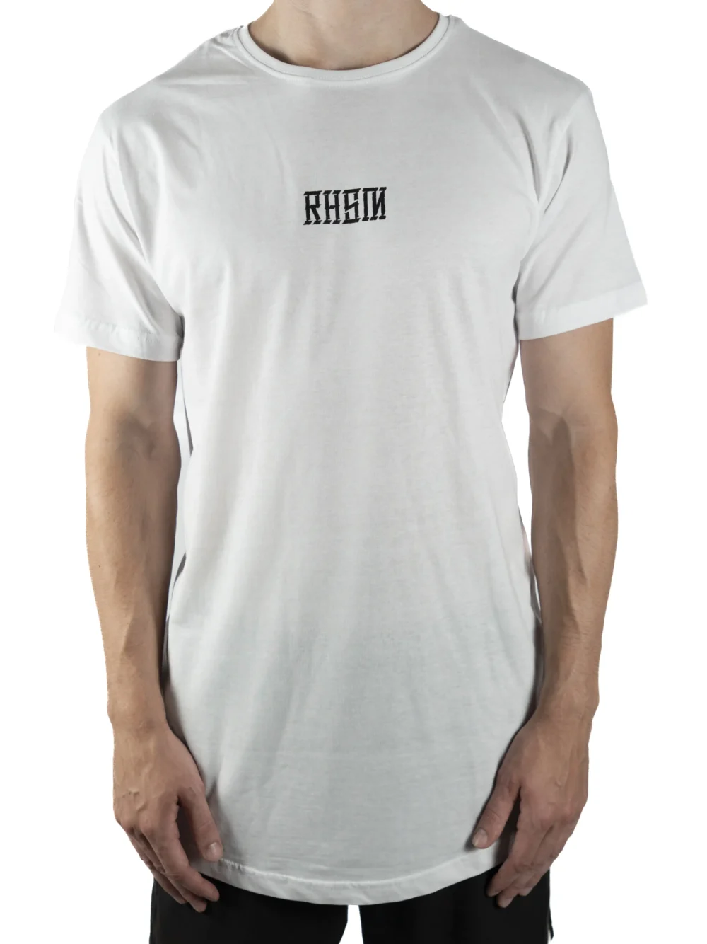 Front view of a model wearing the white RHSM Long Fit Tee V2, highlighting its relaxed long fit.