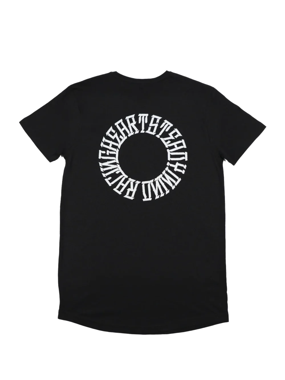 The back of the black RHSM Long Fit Tee V2 laid flat, showcasing the "Racing Heart Steady Mind" graphic.