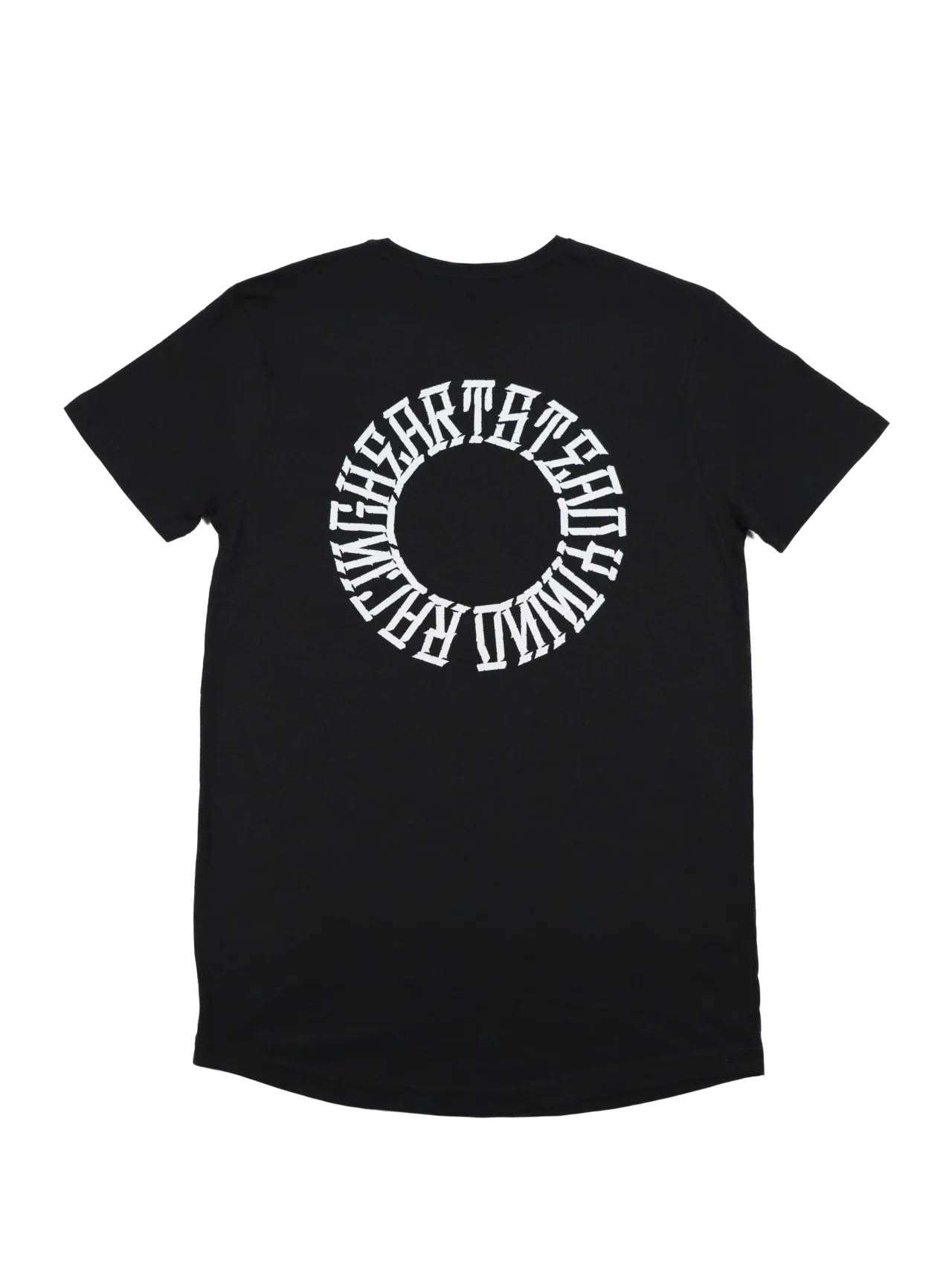 The back of the black RHSM Long Fit Tee V2 laid flat, showcasing the "Racing Heart Steady Mind" graphic.