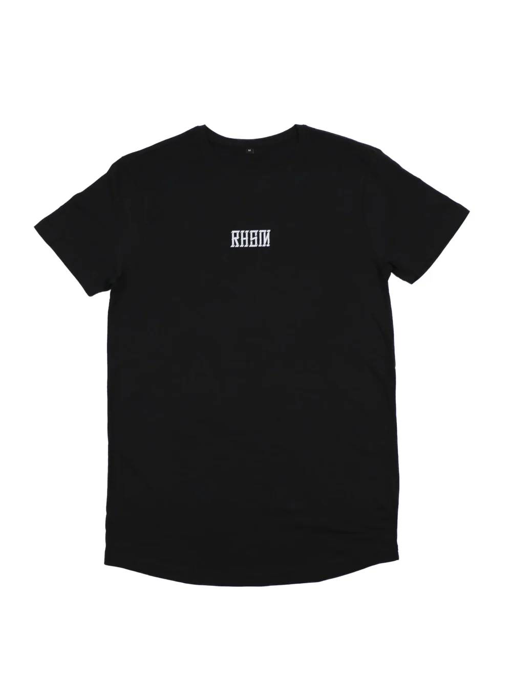 The black RHSM Long Fit Tee V2 laid flat, showing its clean front design and dropped hem.