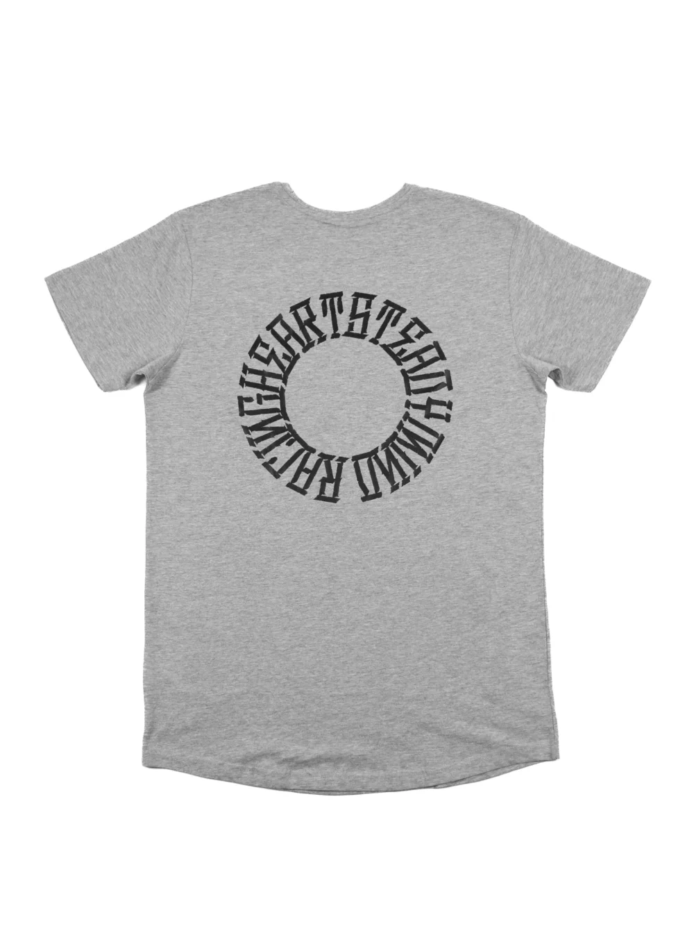 The back of the gray RHSM Long Fit Tee V2 laid flat, showcasing the "Racing Heart Steady Mind" graphic.