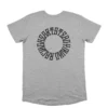 The back of the gray RHSM Long Fit Tee V2 laid flat, showcasing the "Racing Heart Steady Mind" graphic.