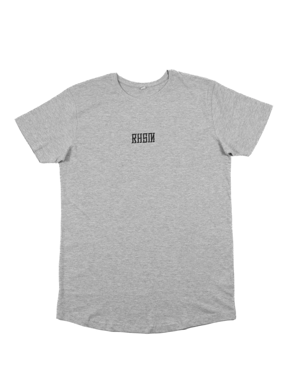 The gray RHSM Long Fit Tee V2 laid flat, showing its clean front design and dropped hem.