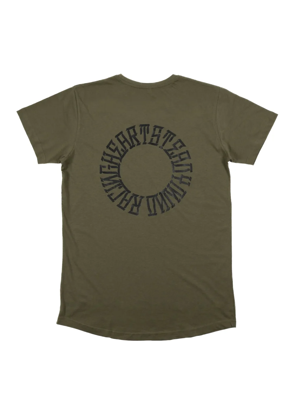 The back of the khaki RHSM Long Fit Tee V2 laid flat, showcasing the "Racing Heart Steady Mind" graphic.