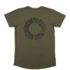 The back of the khaki RHSM Long Fit Tee V2 laid flat, showcasing the "Racing Heart Steady Mind" graphic.