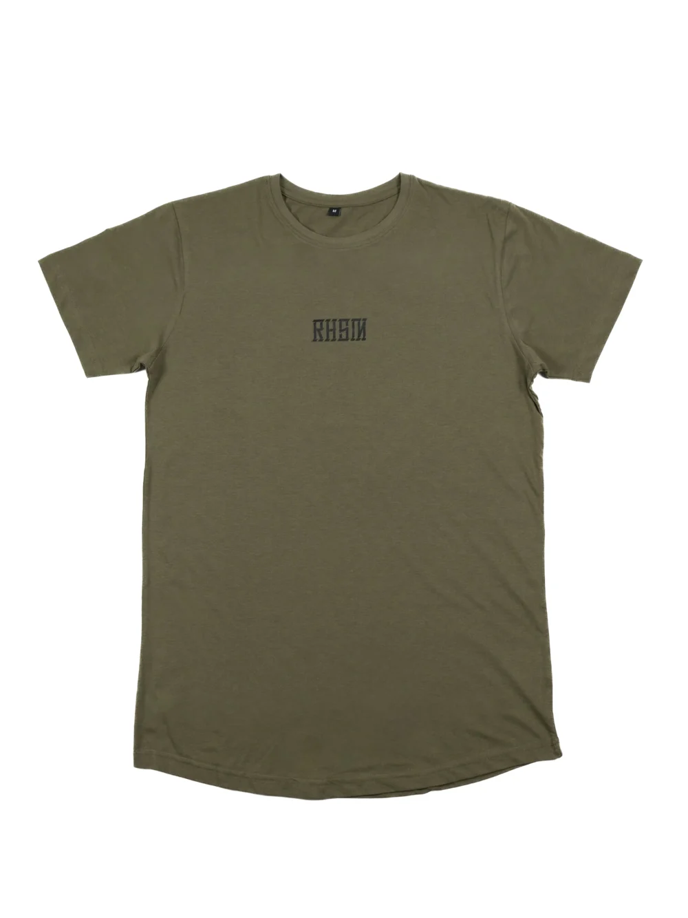 The khaki RHSM Long Fit Tee V2 laid flat, showing its clean front design and dropped hem.