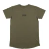 The khaki RHSM Long Fit Tee V2 laid flat, showing its clean front design and dropped hem.