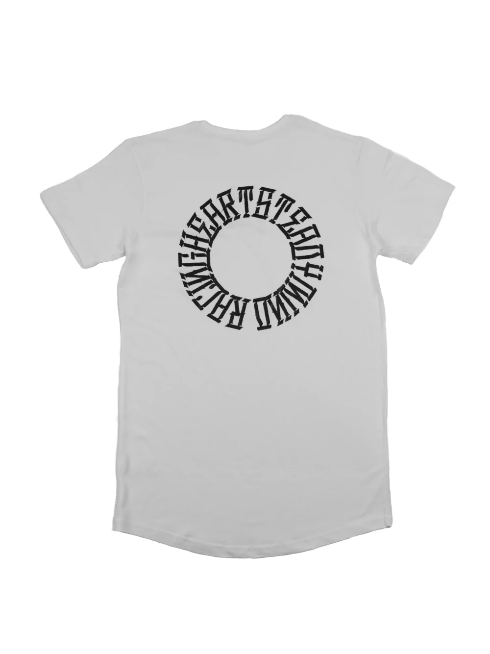 The back of the white RHSM Long Fit Tee V2 laid flat, showcasing the "Racing Heart Steady Mind" graphic.