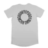 The back of the white RHSM Long Fit Tee V2 laid flat, showcasing the "Racing Heart Steady Mind" graphic.