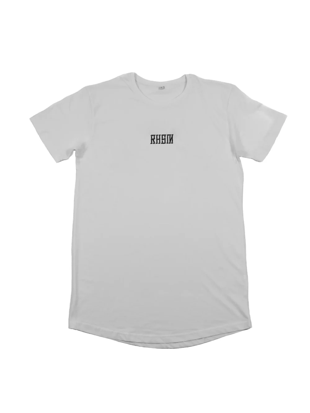 The white RHSM Long Fit Tee V2 laid flat, showing its clean front design and dropped hem.