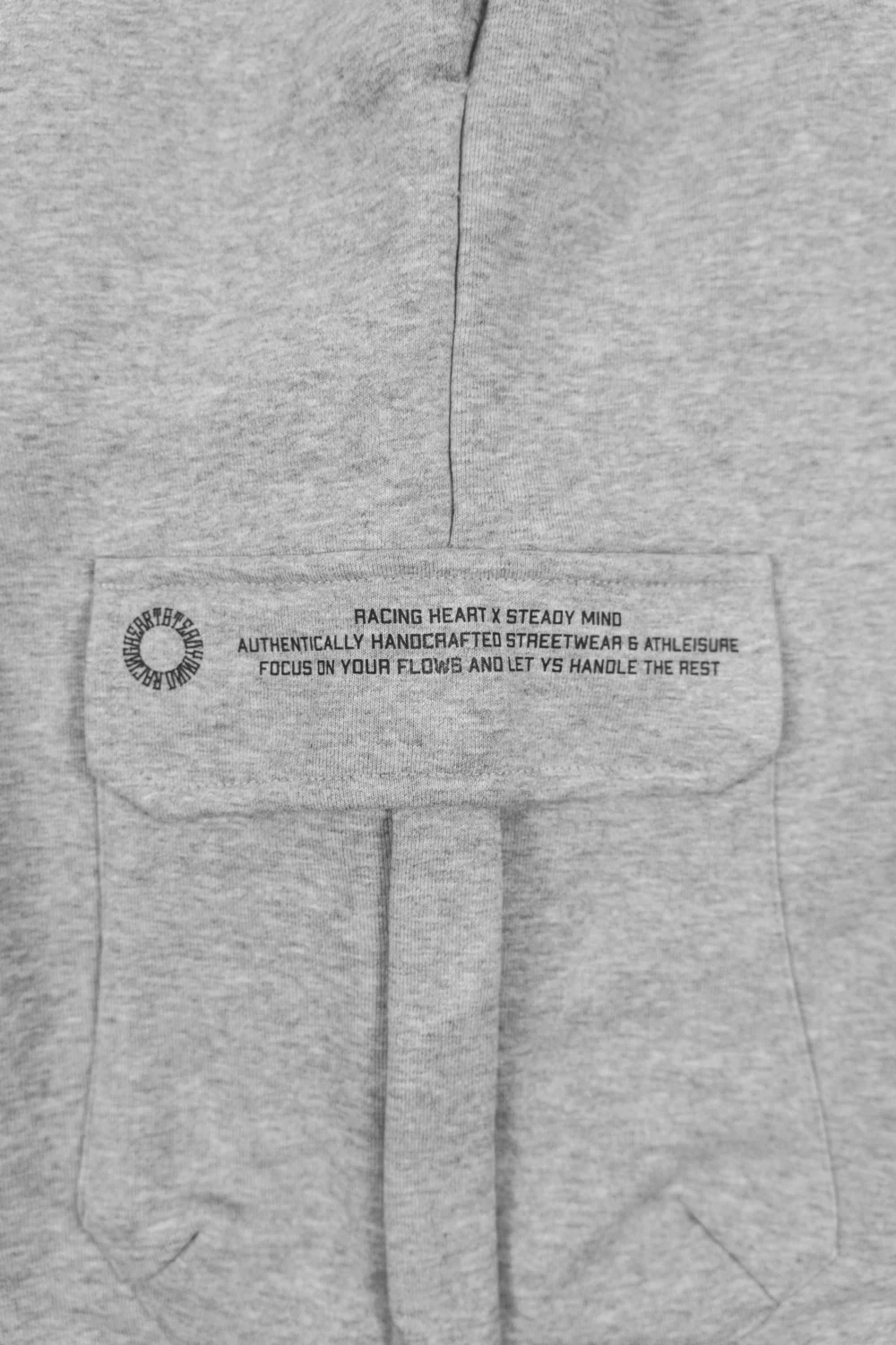 A detailed close-up of the secure latch design on the side cargo pocket of the gray RHSM Sweatpants.