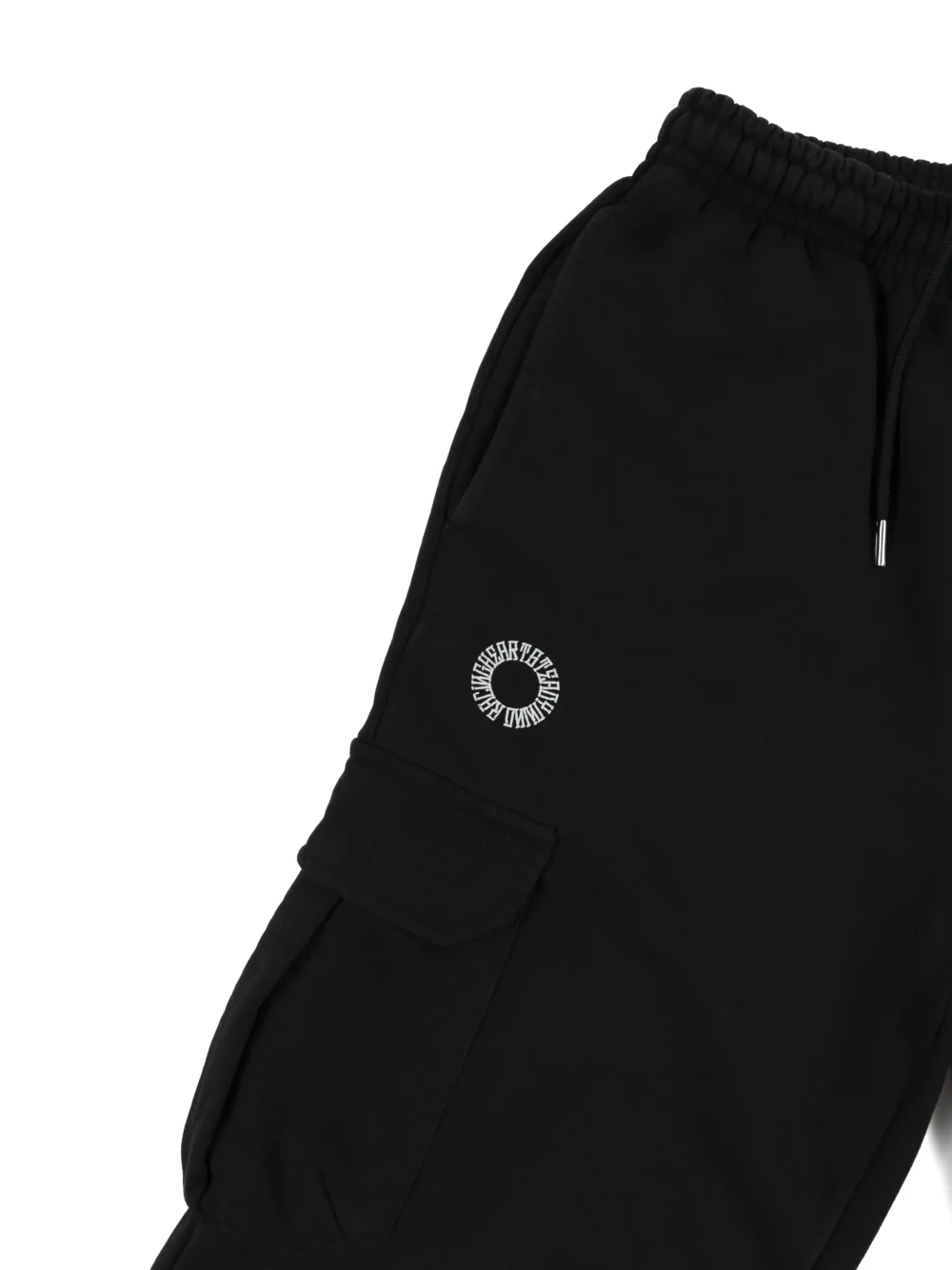 A close-up of the front pocket design and premium fabric of the black RHSM Cargo Sweatpants.