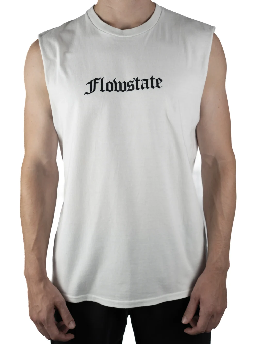 Front view of a model wearing the white RHSM Flowstate Tank Top for calisthenics, highlighting its clean, athletic fit.