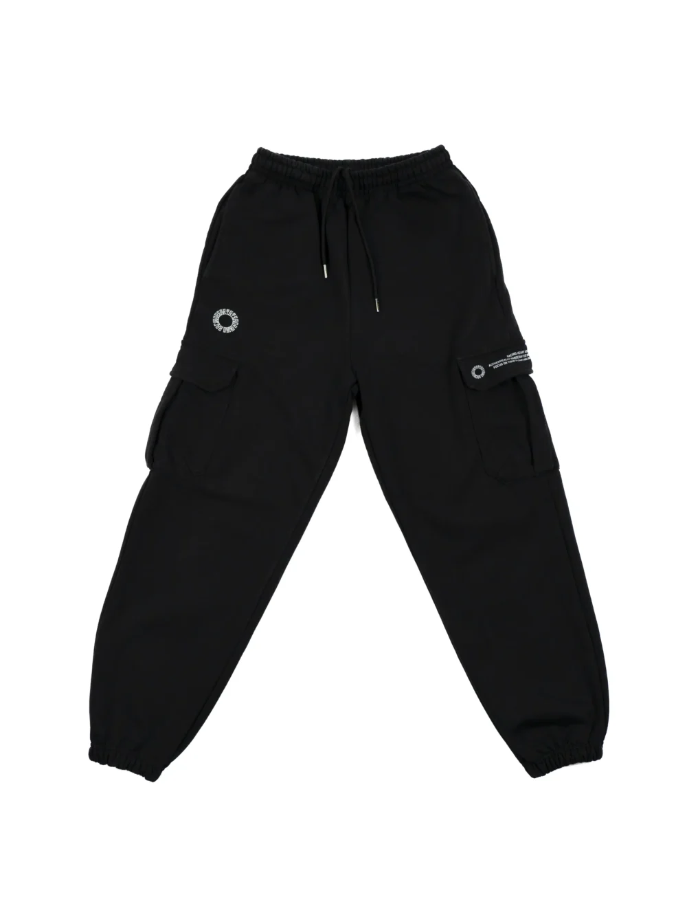 The black RHSM Cargo Sweatpants laid flat, showing the front design and fit.