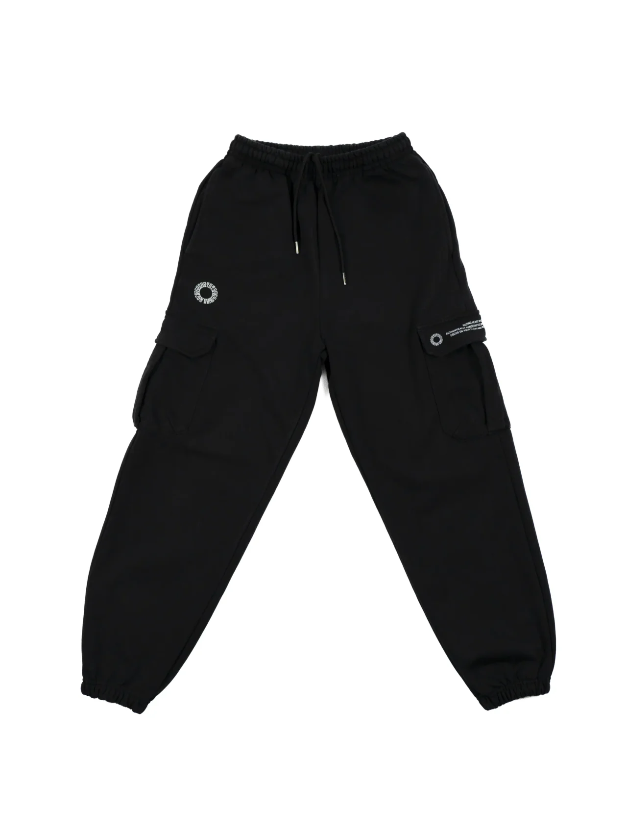 The black RHSM Cargo Sweatpants laid flat, showing the front design and fit.