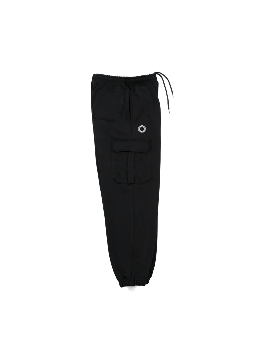 The full side profile of the black RHSM Cargo Sweatpants, highlighting their modern, athletic fit.