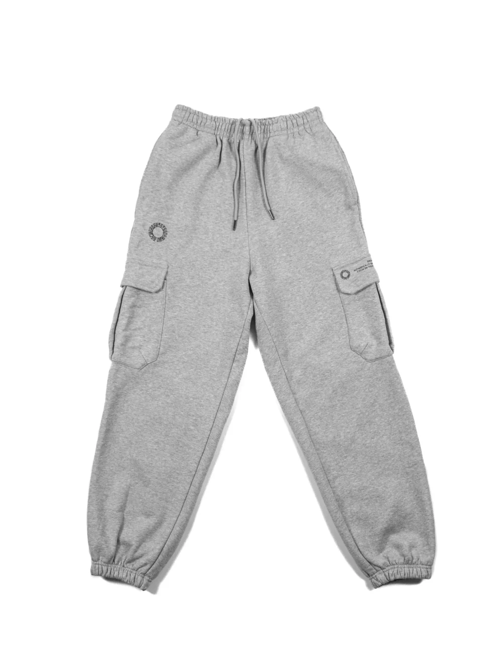 The gray RHSM Cargo Sweatpants laid flat, showing the front design and fit.