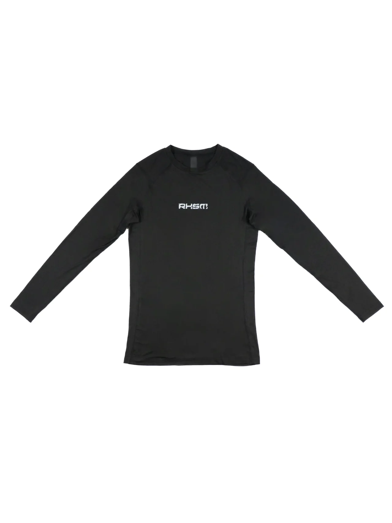 The black RHSM Calisthenics Compression Shirt laid flat, front view.