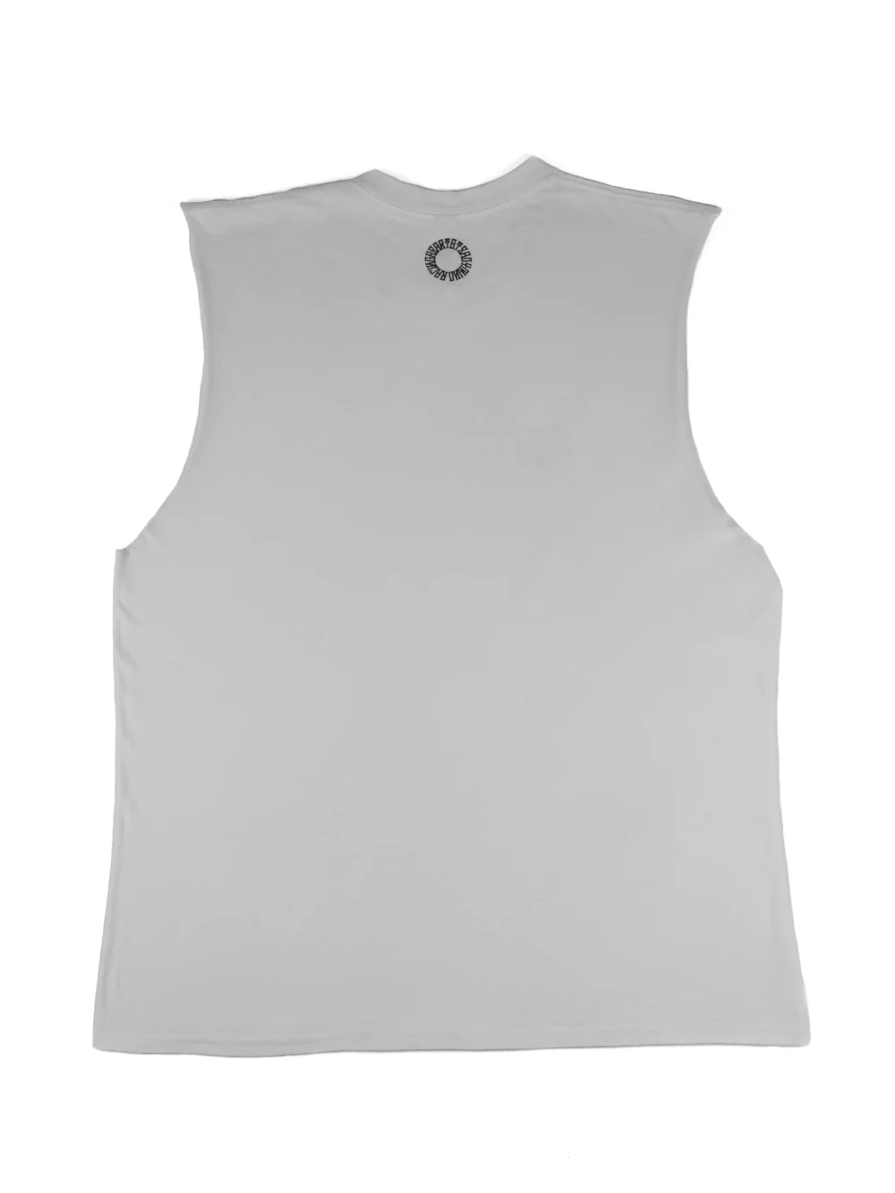 The back of the white RHSM Flowstate Calisthenics Tank Top laid flat, showcasing the cut-off arm design.