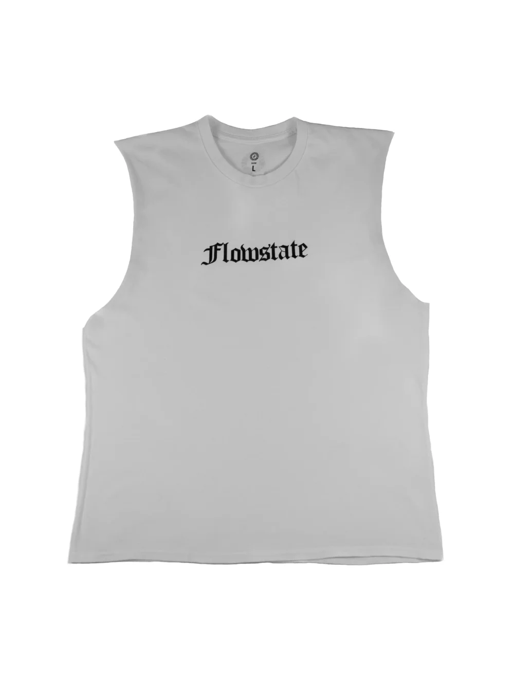 The white RHSM Flowstate Calisthenics Tank Top laid flat, showing the full front design and 100% cotton fabric.