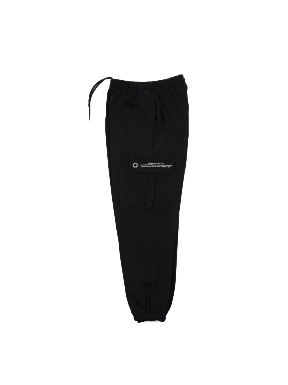 A side view of the black RHSM Cargo Sweatpants laid flat, showcasing the spacious side cargo pocket.