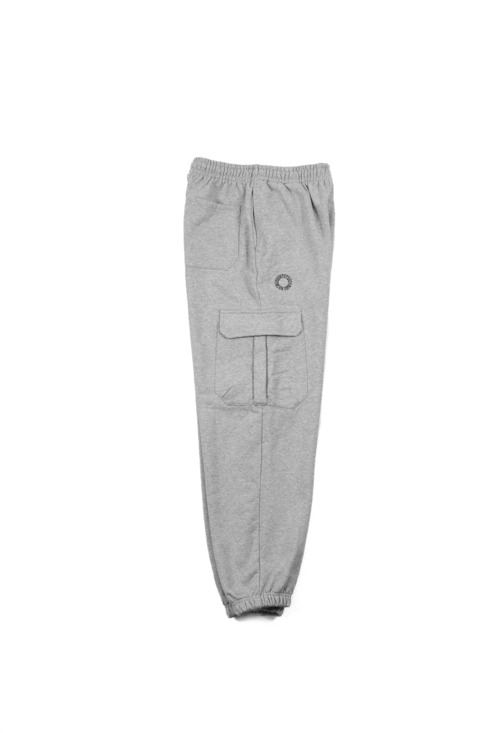 A side view of the gray RHSM Cargo Sweatpants laid flat, showcasing the spacious side cargo pocket.