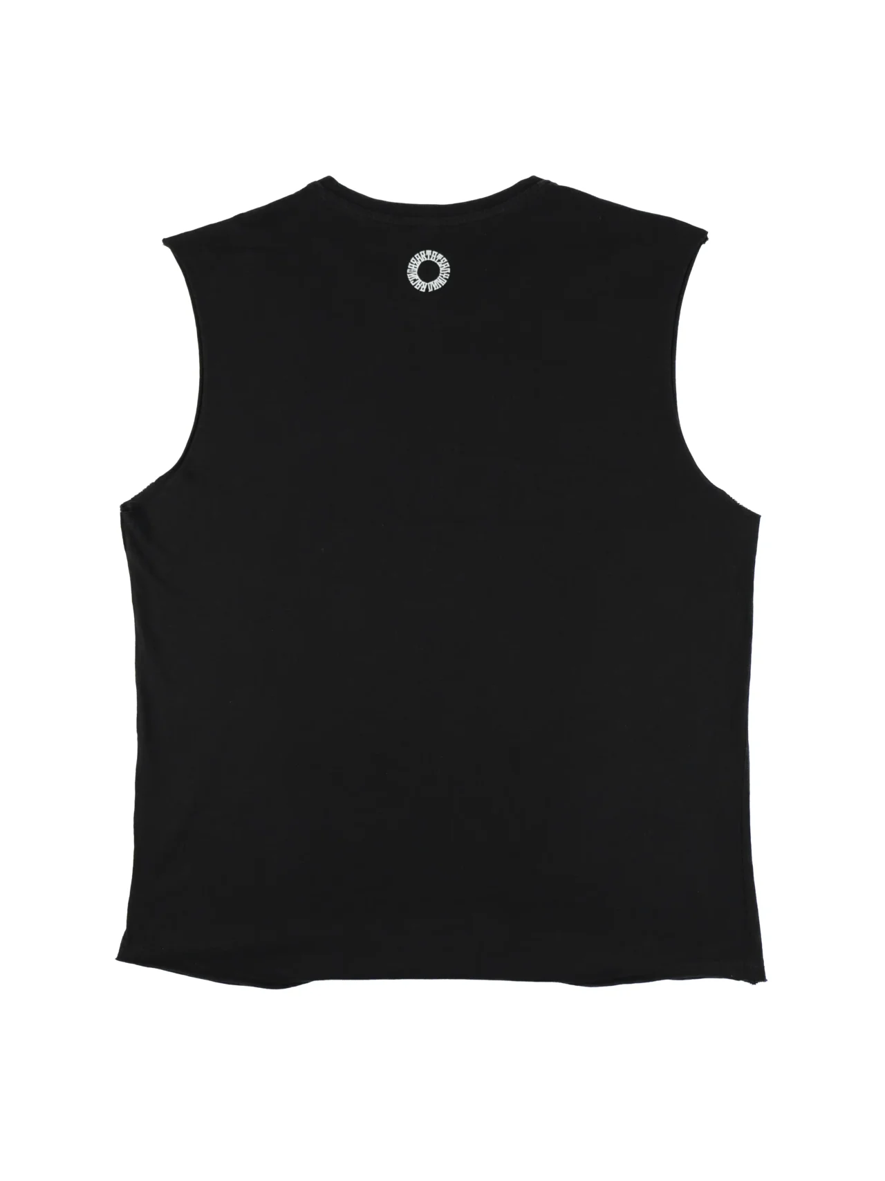 The back of the black RHSM Flowstate Calisthenics Tank Top laid flat, showcasing the cut-off design for freedom of movement.