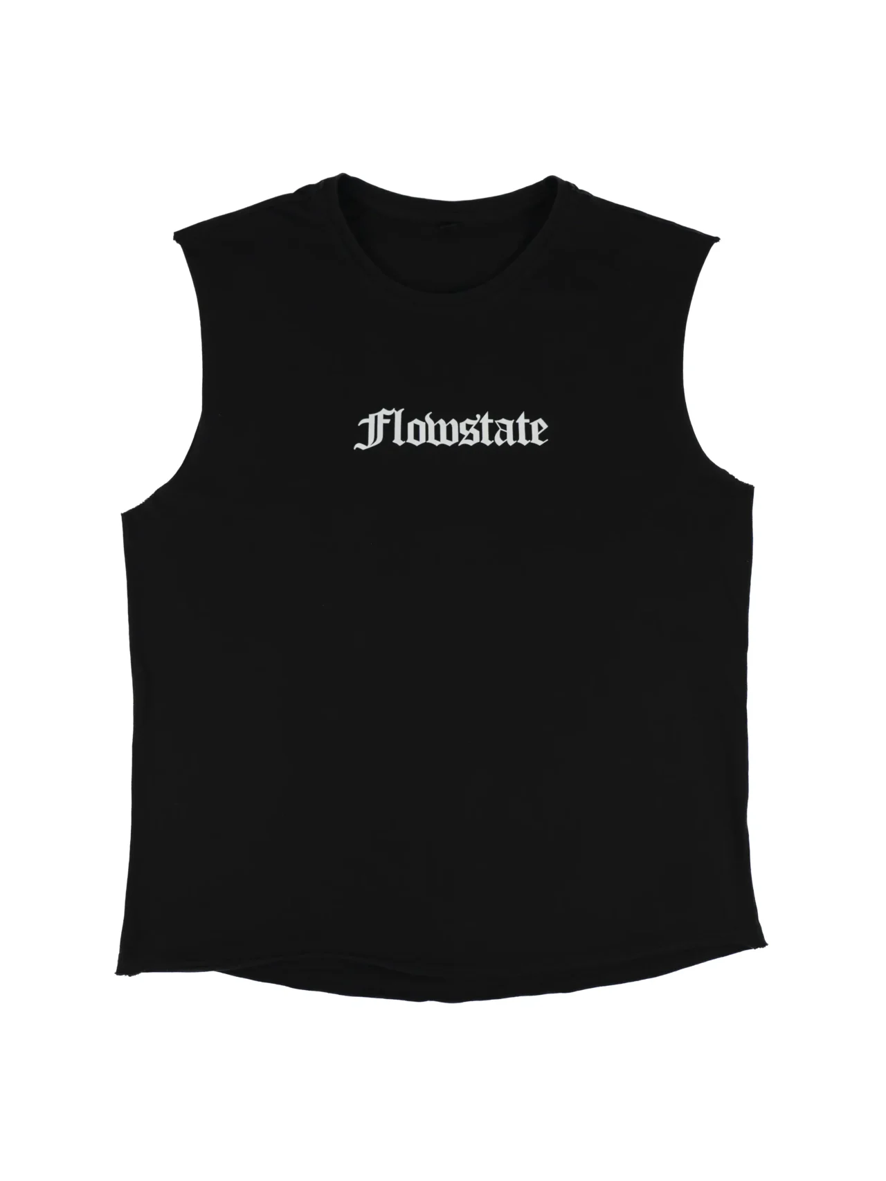The black RHSM Flowstate Calisthenics Tank Top laid flat, showing the front design and 100% cotton fabric.