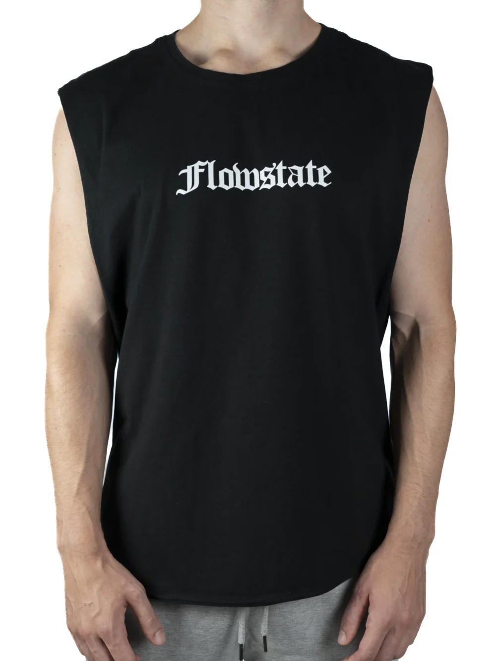 Front view of a model wearing the black RHSM Flowstate Tank Top for calisthenics, highlighting its athletic fit.