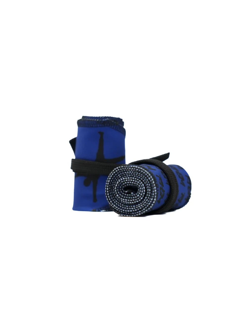A close-up of the blue RHSM Calisthenics Wrist Wraps V2, rolled up and ready for a workout.
