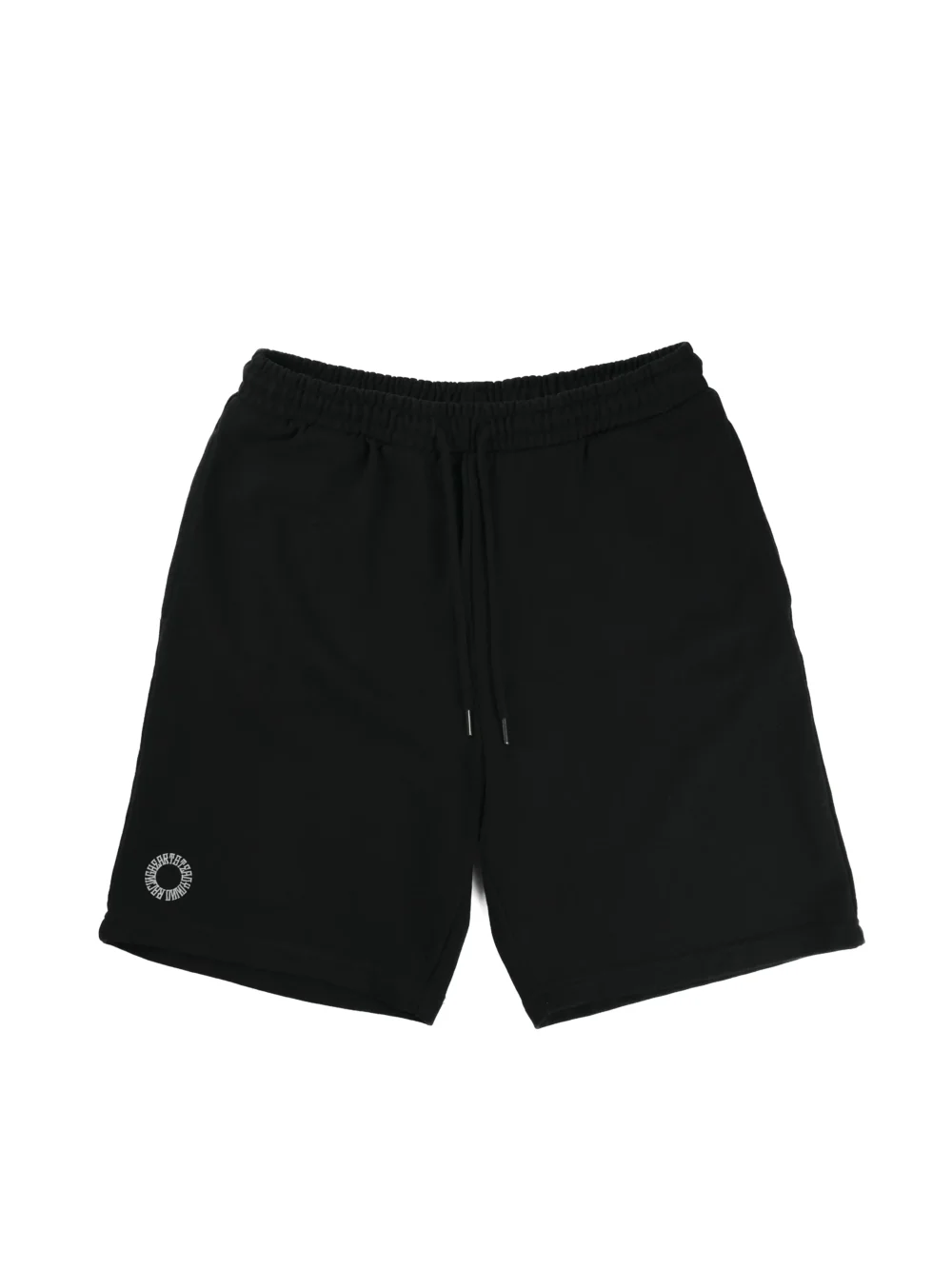 Front view of the black RHSM First Edition shorts laid flat, showing the relaxed fit and 100% cotton material.