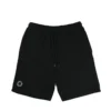 Front view of the black RHSM First Edition shorts laid flat, showing the relaxed fit and 100% cotton material.