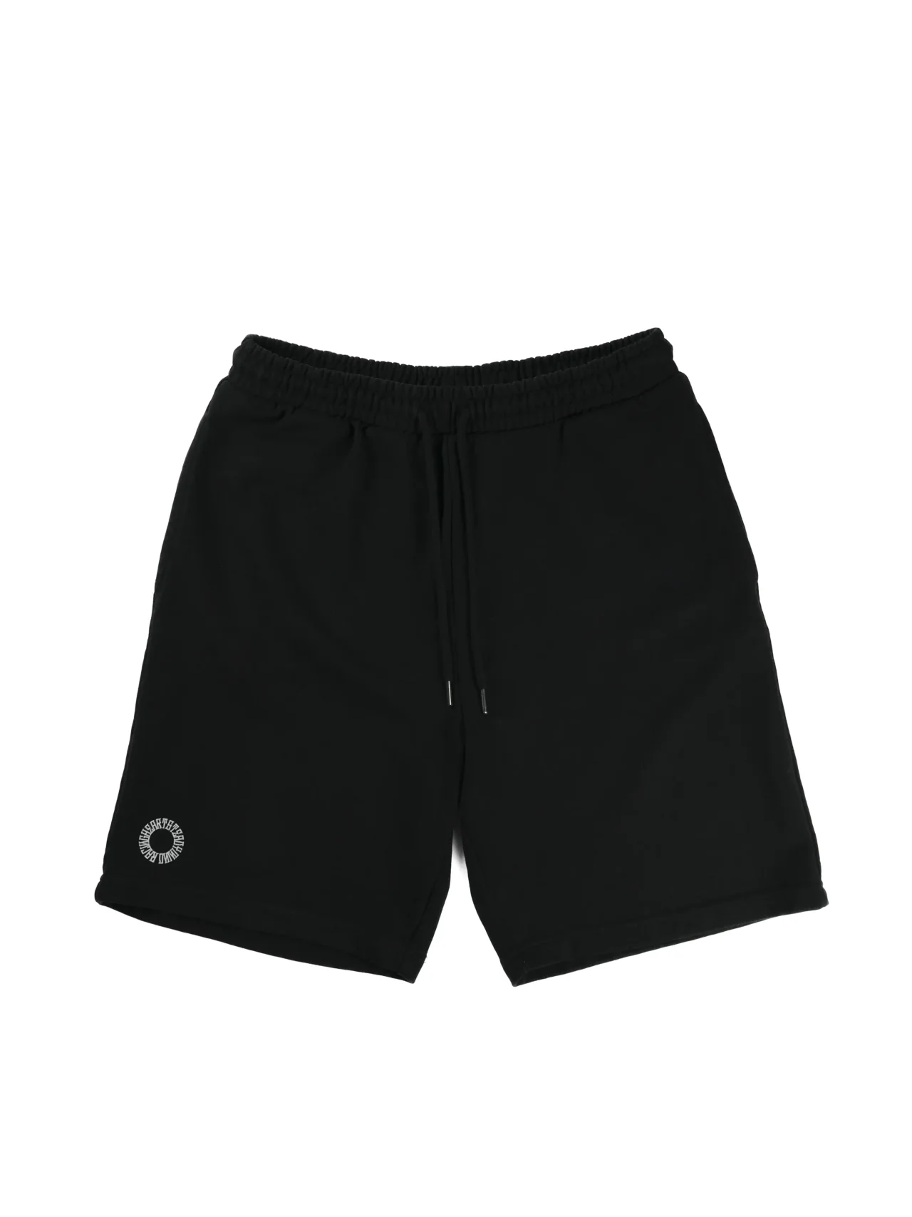 Front view of the black RHSM First Edition shorts laid flat, showing the relaxed fit and 100% cotton material.