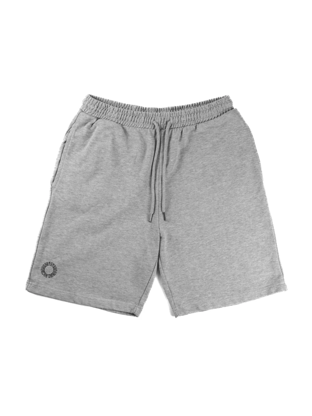 Front view of the gray RHSM First Edition shorts laid flat, showing the relaxed fit and 100% cotton material.