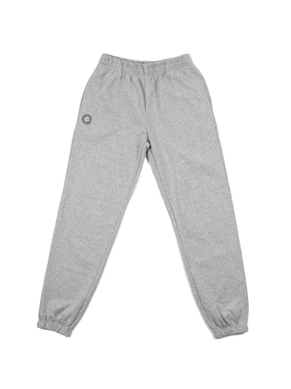 Front view of the gray RHSM First Edition sweatpants laid flat, showing the relaxed oversized fit and adjustable drawstring.