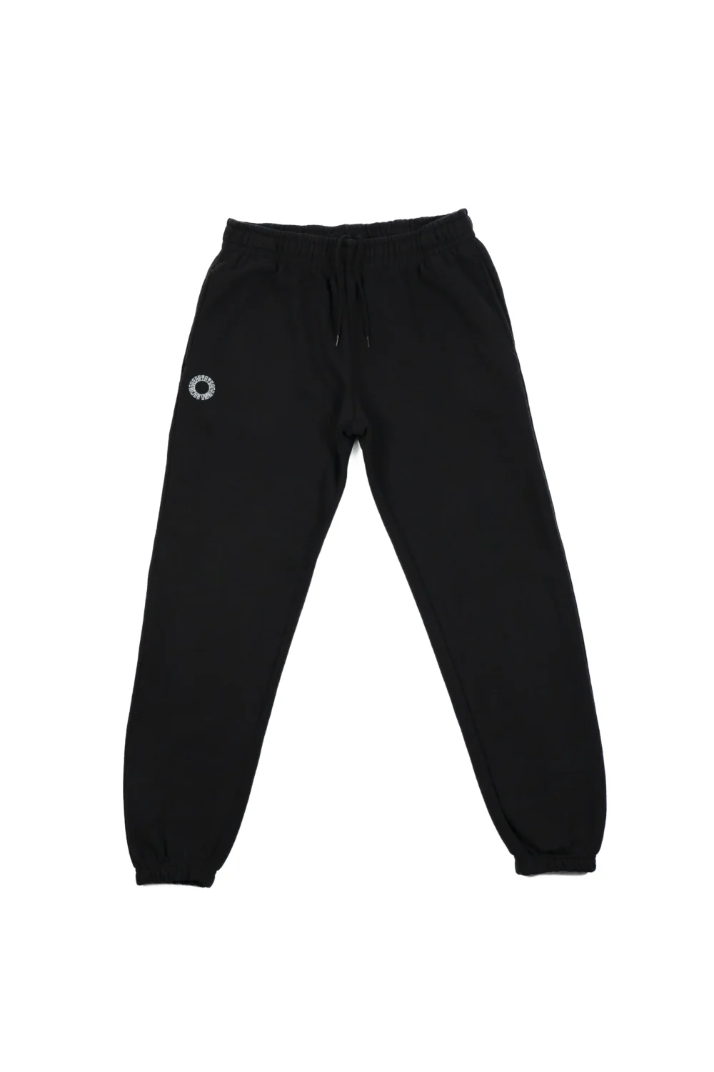 Front view of the black RHSM First Edition sweatpants laid flat, showing the relaxed oversized fit and adjustable drawstring.