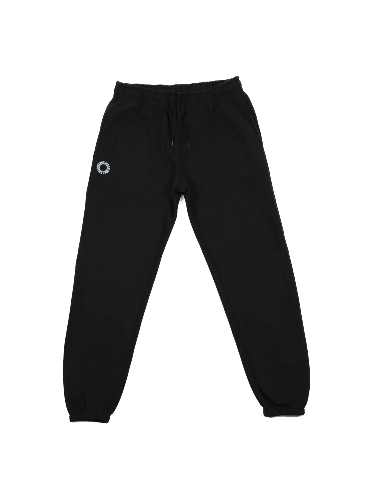 Front view of the black RHSM First Edition sweatpants laid flat, showing the relaxed oversized fit and adjustable drawstring.