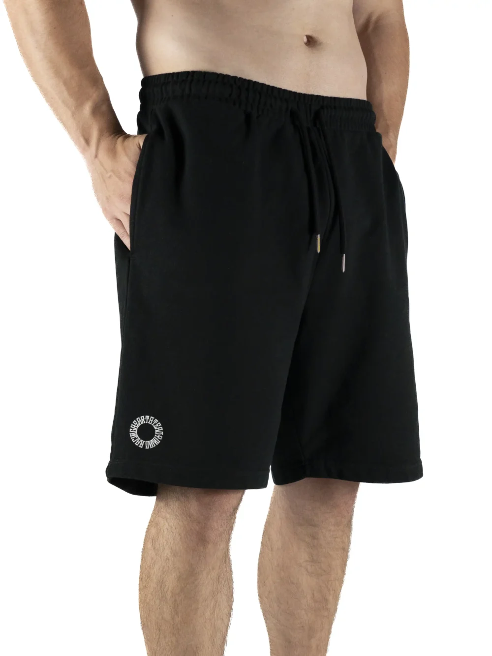 Male model wearing the black RHSM First Edition shorts, showing the relaxed normal fit from the front.