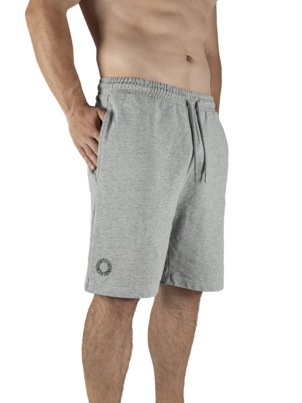 Male model wearing the gray RHSM First Edition shorts, showing the relaxed normal fit from the front.