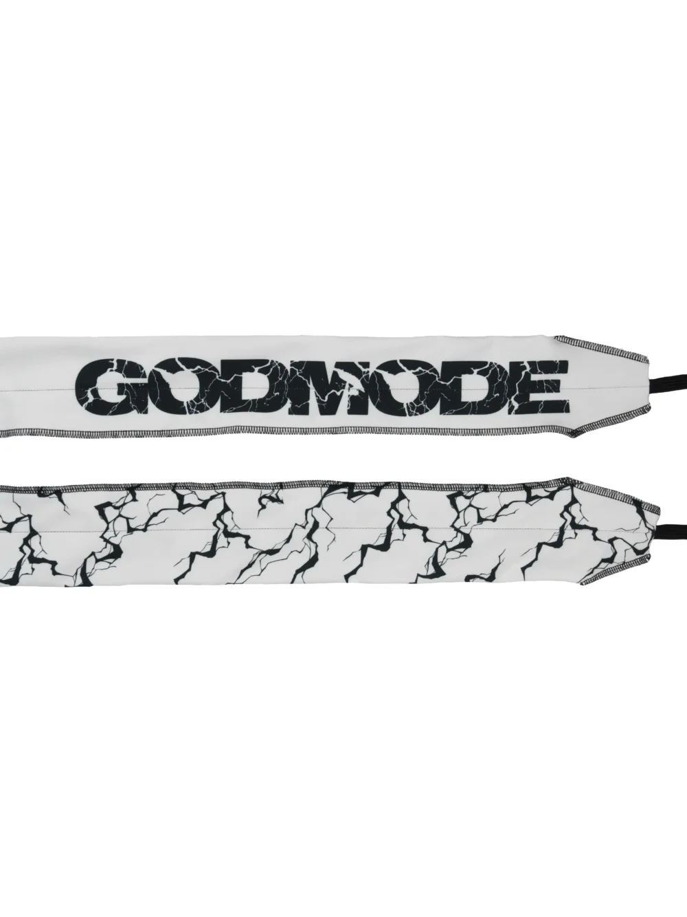 A detailed close-up of both sides of the white and black RHSM Godmode Wrist Wraps, showing the graphics.