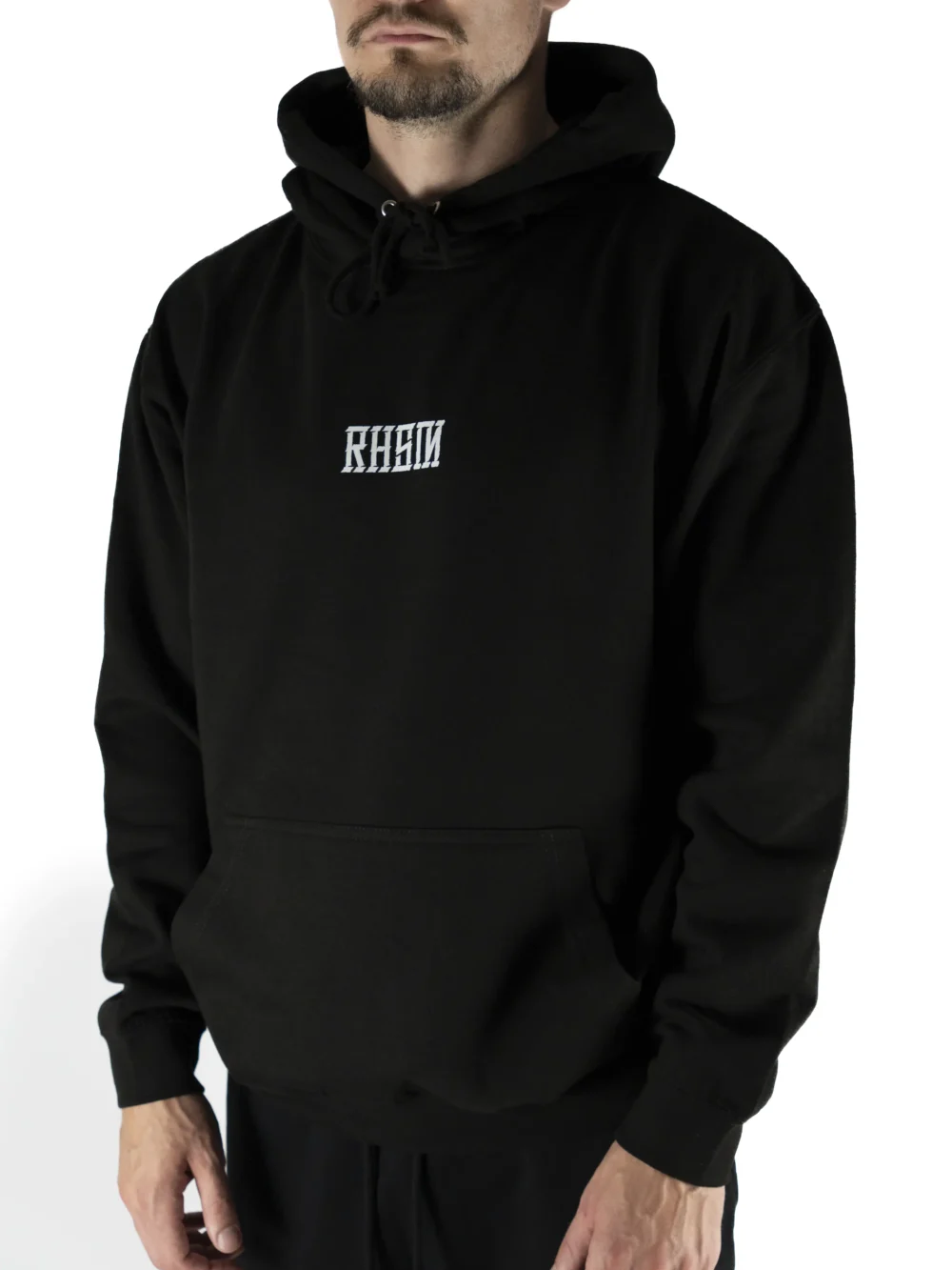 Front view of a model wearing the black RHSM Calisthenics Hoodie V2, highlighting the new front print and athletic fit.