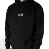 Front view of a model wearing the black RHSM Calisthenics Hoodie V2, highlighting the new front print and athletic fit.