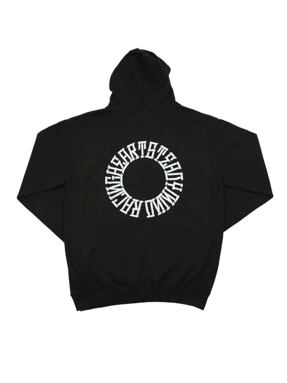 The back of the black RHSM Calisthenics Hoodie V2 laid flat, showcasing the iconic "Racing Heart Steady Mind" graphic.