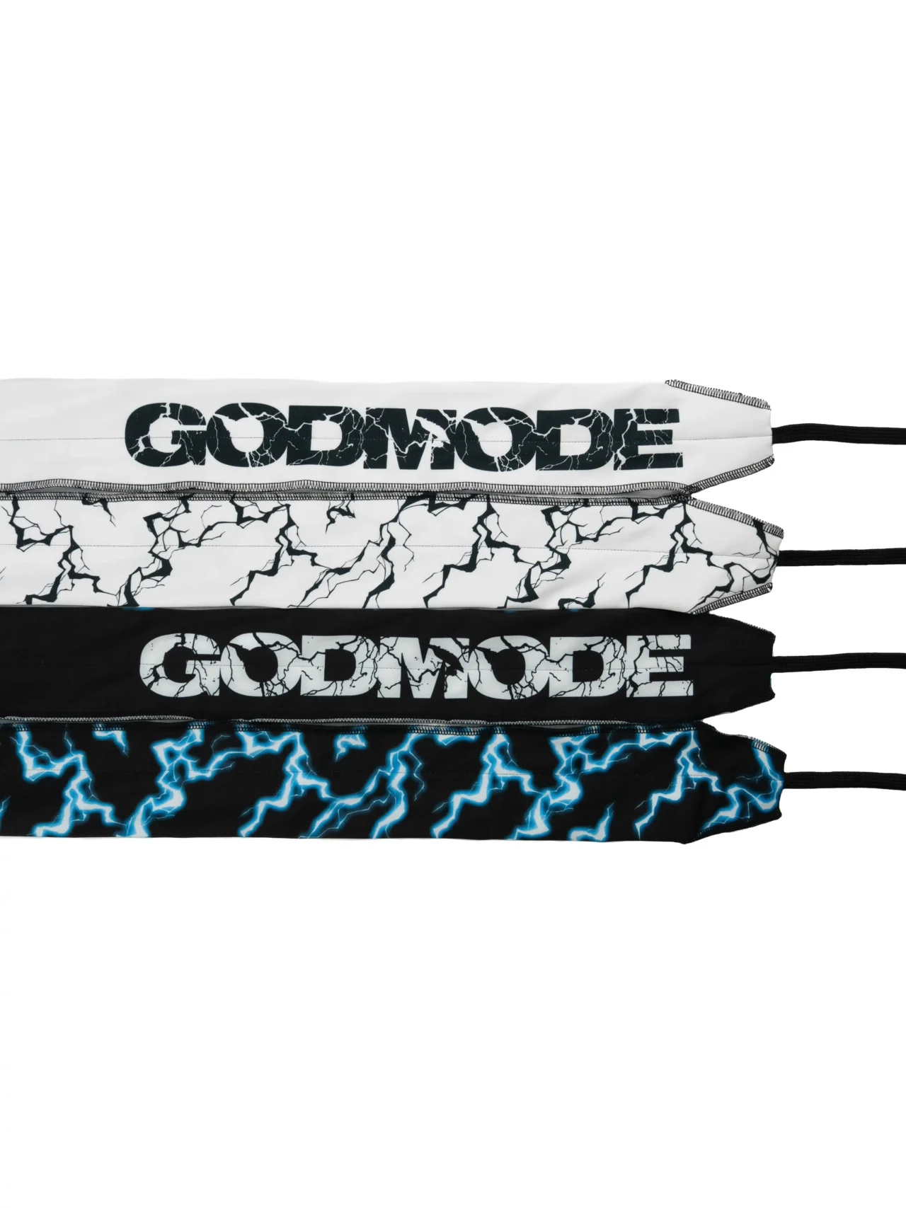 A close-up of the RHSM Godmode Wrist Wraps collection laid flat, showing the white with black lightning and the black with blue lightning designs.