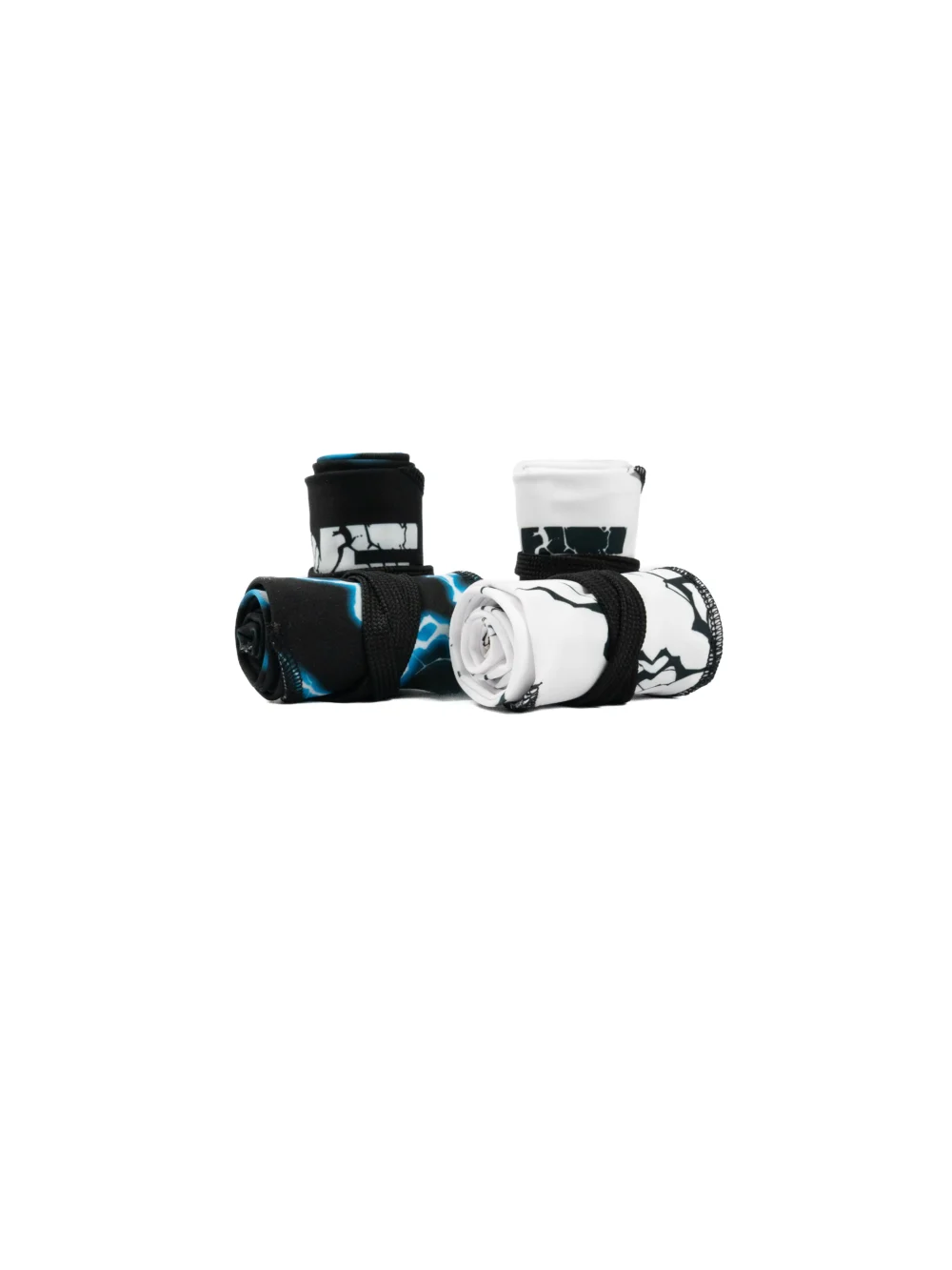 A pair of the white with black lightning and a pair of the black with blue lightning RHSM Godmode Wrist Wraps, rolled up and ready for training.