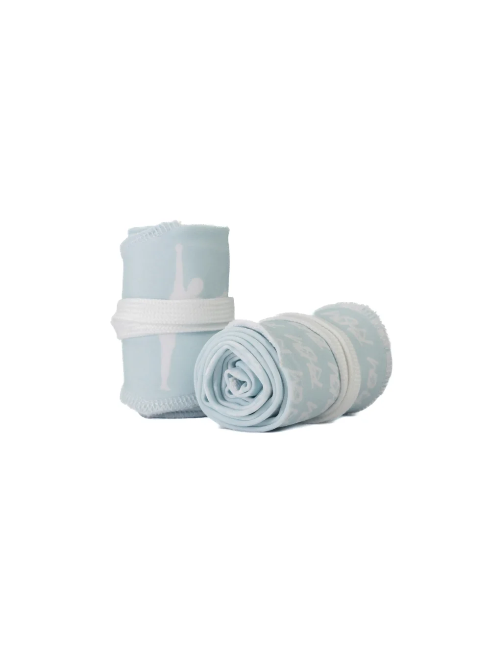 A pair of the pastel blue RHSM Calisthenics Wrist Wraps V2 rolled up and ready for training.