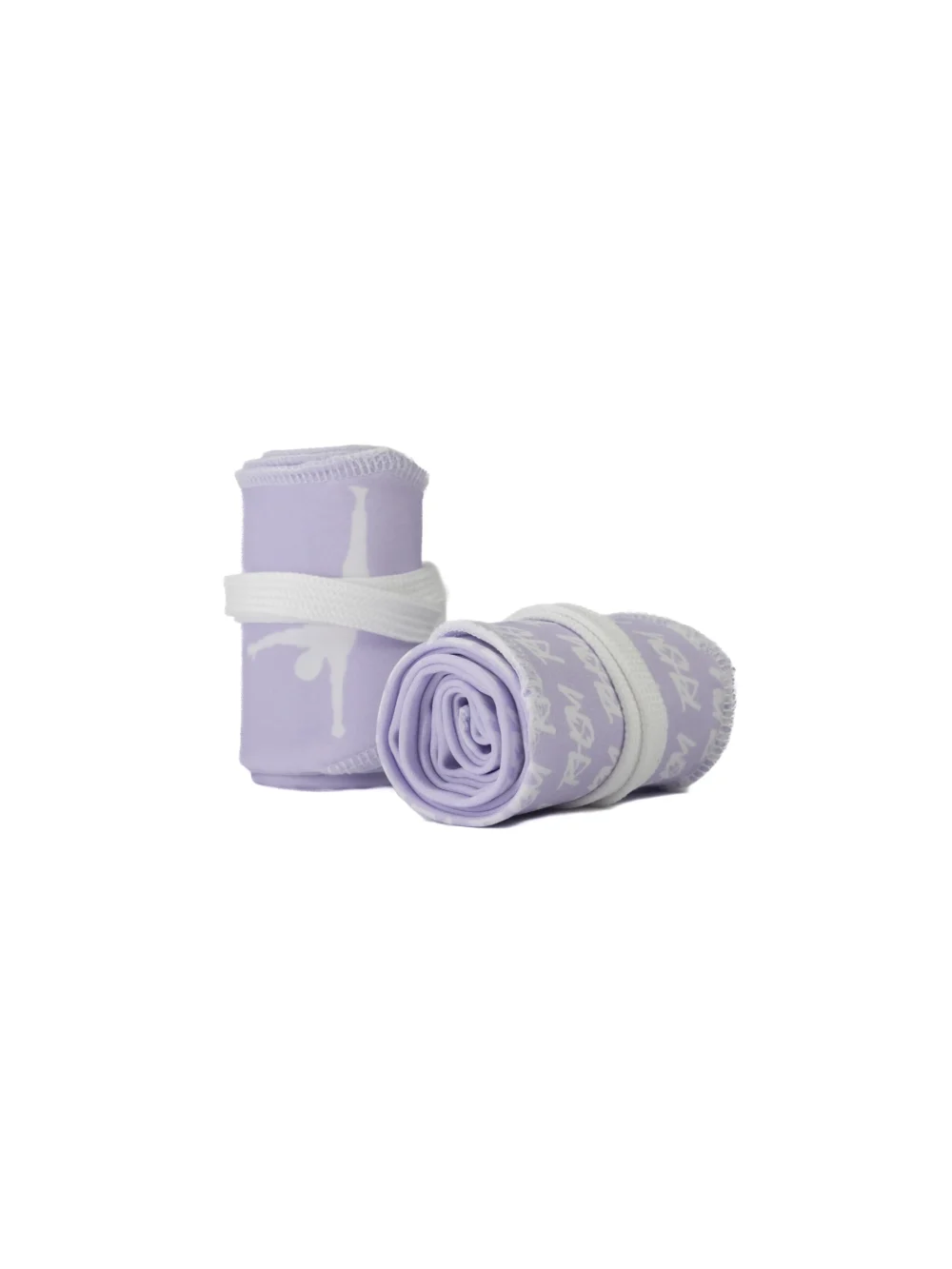 A pair of the pastel lilac RHSM Calisthenics Wrist Wraps V2 rolled up and ready for training.