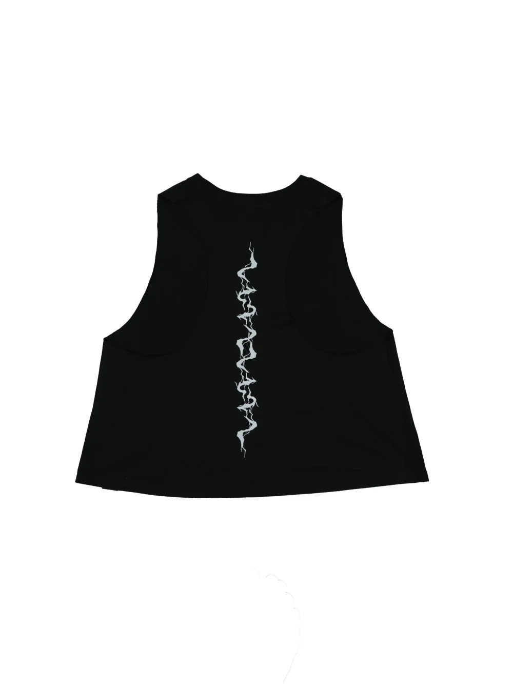 The black "GODMODE" cropped tank, laid flat (back view), showcasing the lightning back graphic and racerback cut; essential calisthenics apparel for women.