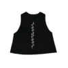 The black "GODMODE" cropped tank, laid flat (back view), showcasing the lightning back graphic and racerback cut; essential calisthenics apparel for women.
